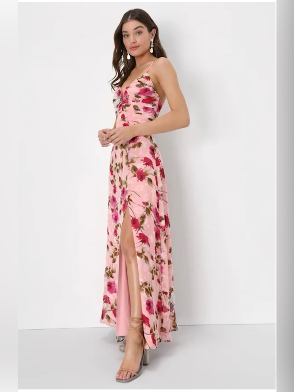 lululemon athletica Pink Floral Spaghetti-Strap Maxi Dress with Side Slit